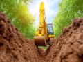 Heavy machinery digging a trench in a lush forest