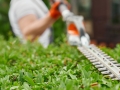Close up of man shaping bushes with electric trimmer